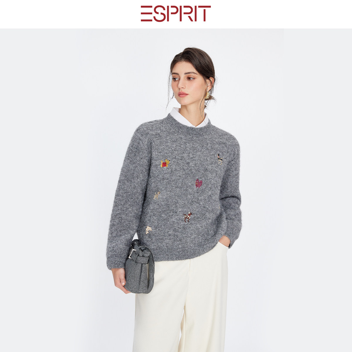 ESPRIT慵懒灰色圆领羊绒套衫
