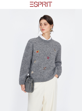 ESPRIT/埃斯普利特慵懒灰色圆领羊绒套衫女小狗刺绣图案长袖毛衣