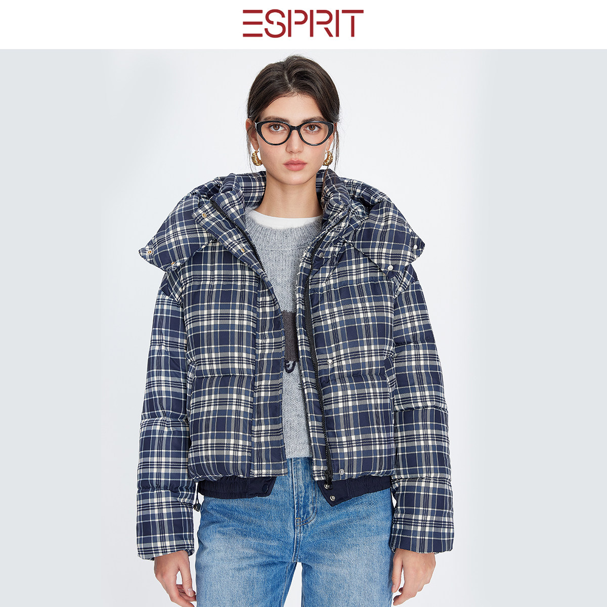 ESPRIT美式复古格子连帽棉服