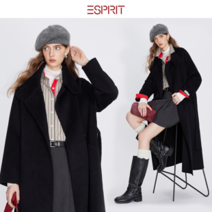 ESPRIT/埃斯普利特学院风黑色长款毛呢大衣女翻领通勤外套老钱风