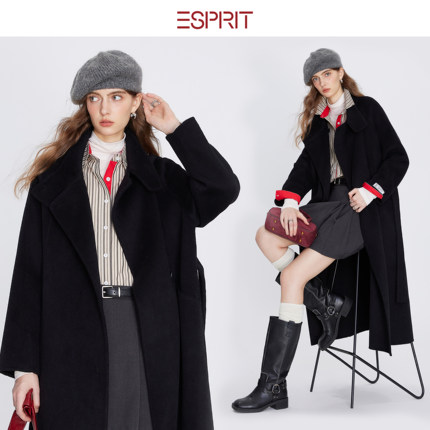 ESPRIT/埃斯普利特学院风黑色长款毛呢大衣女翻领通勤外套老钱风