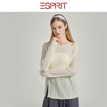 ESPRIT/埃斯普利特极简风针织女长袖开叉下摆纯色慵懒风针织罩衫