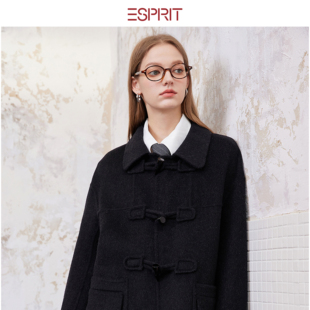 ESPRIT/埃斯普利特学院风黑色毛呢外套女长款牛角扣羊毛大衣时尚