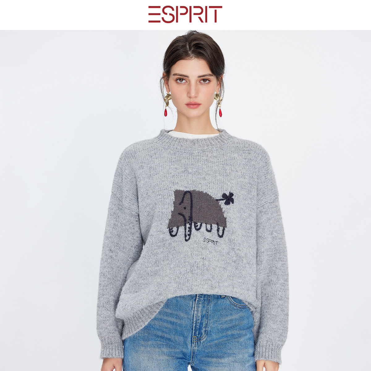 ESPRIT卡通小象提花灰色羊绒套衫