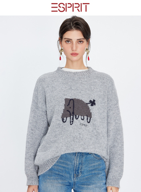 ESPRIT/埃斯普利特卡通小象提花灰色羊绒套衫宽松慵懒长袖针织衫