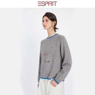 ESPRIT/埃斯普利特韩式可爱圆领小狗刺绣羊绒套衫女撞色边针织衫