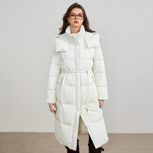 ESPRIT/埃斯普利特白色连帽长款羽绒服女收腰系带泡芙外套通勤