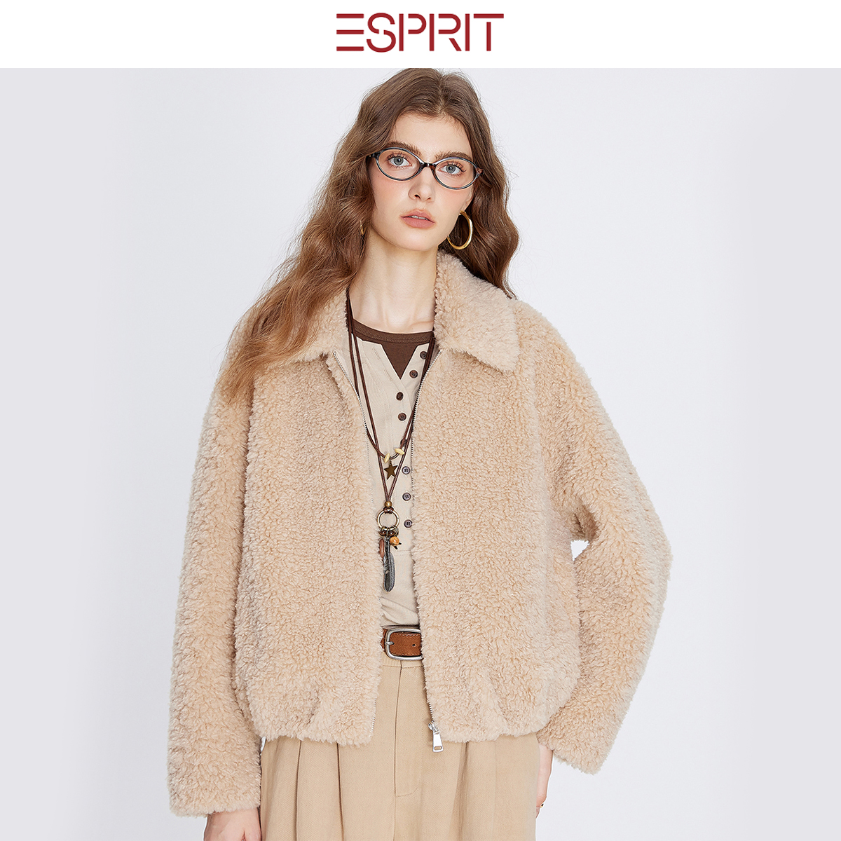 ESPRIT/埃斯普利特翻领羊羔毛