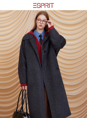 ESPRIT/埃斯普利特极简风灰色长款毛呢大衣女西装领质感外套
