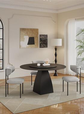 极简岩板餐GON桌家2025新款圆形法式复古风用10式人黑色圆桌带意