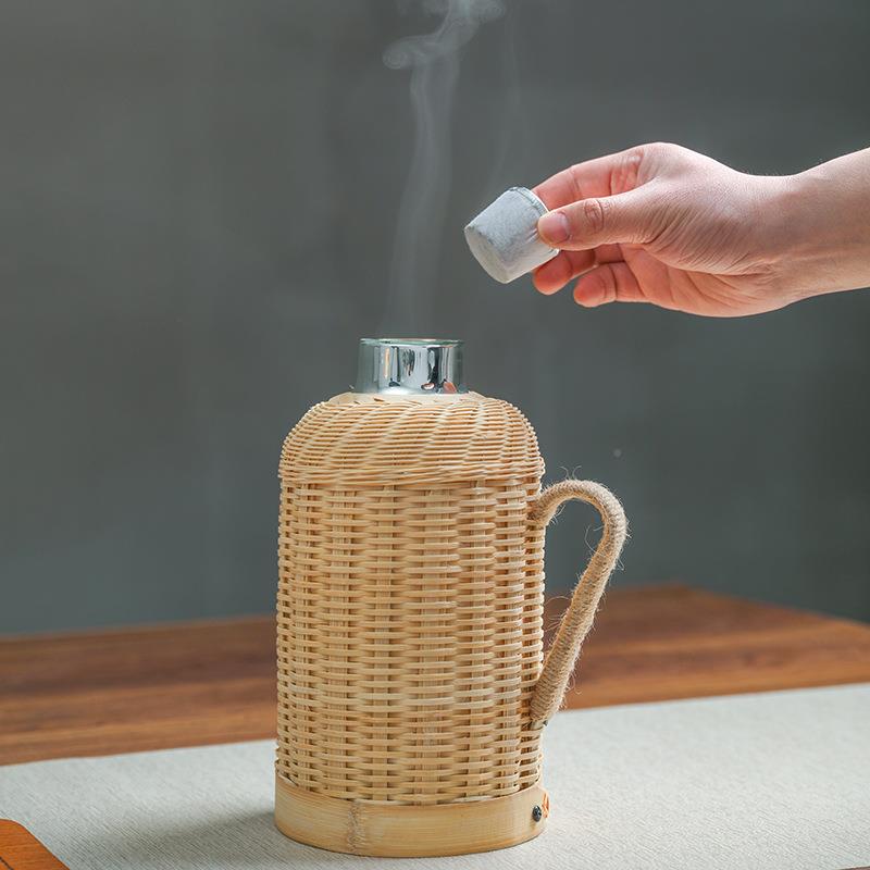 日复古风统竹夏19玻璃内胆保温保冷闷茶壶家用传木编塞热水瓶