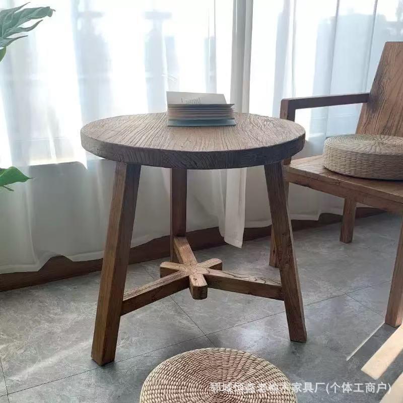 老榆木圆桌家用阳台喝茶桌矮做风化茶几餐25318旧桌实木茶桌煮桌