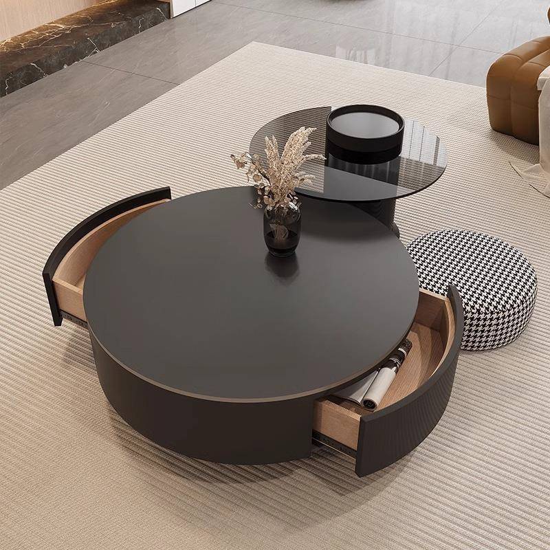 岩KCV板组合茶几代小户型简约现奢感家圆形客厅用黑色网轻红