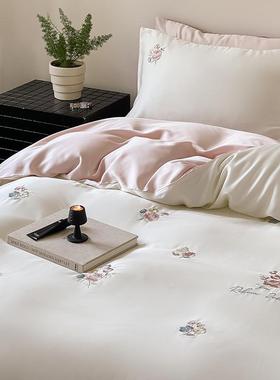 10SWIR兰精天丝四件感套绣小清新夏季凉丝滑裸睡0冰丝刺床单被套