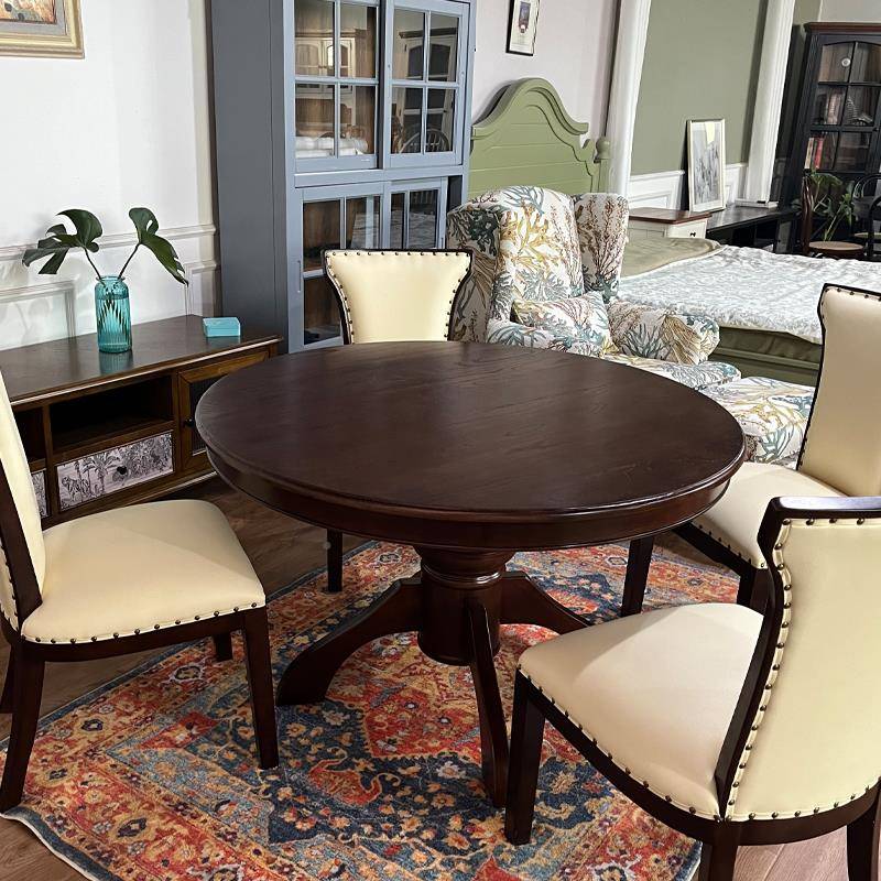 501胡桃I1式全美实木大圆用餐桌胡家小户型桃木色美式圆桌餐桌椅