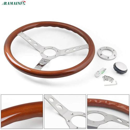 汽车改装15寸380MM实木方向盘6孔桃木老爷车复古方向盘电镀支架