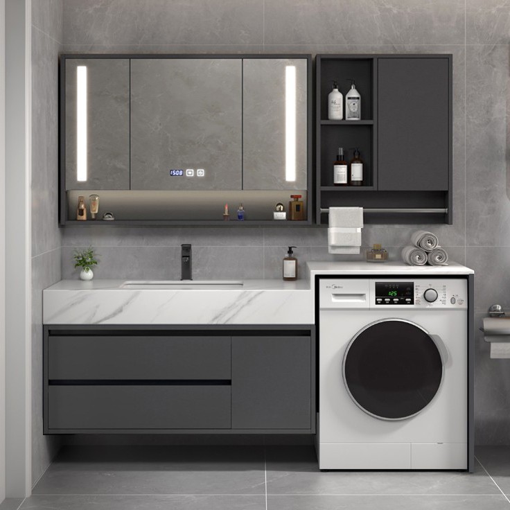 阳台岩板一体无缝盆滚筒洗衣机柜伴侣实木浴室柜智能洗手盆柜组合