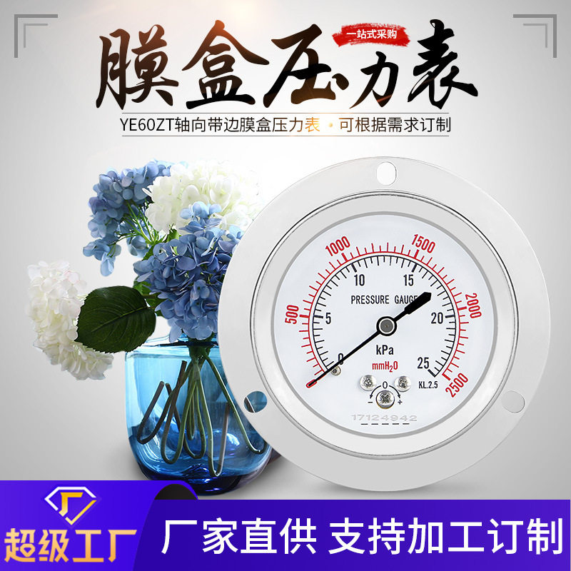 膜盒压力表YE60ZT轴向带边不锈钢壳带调零螺纹1/4微压表燃气表