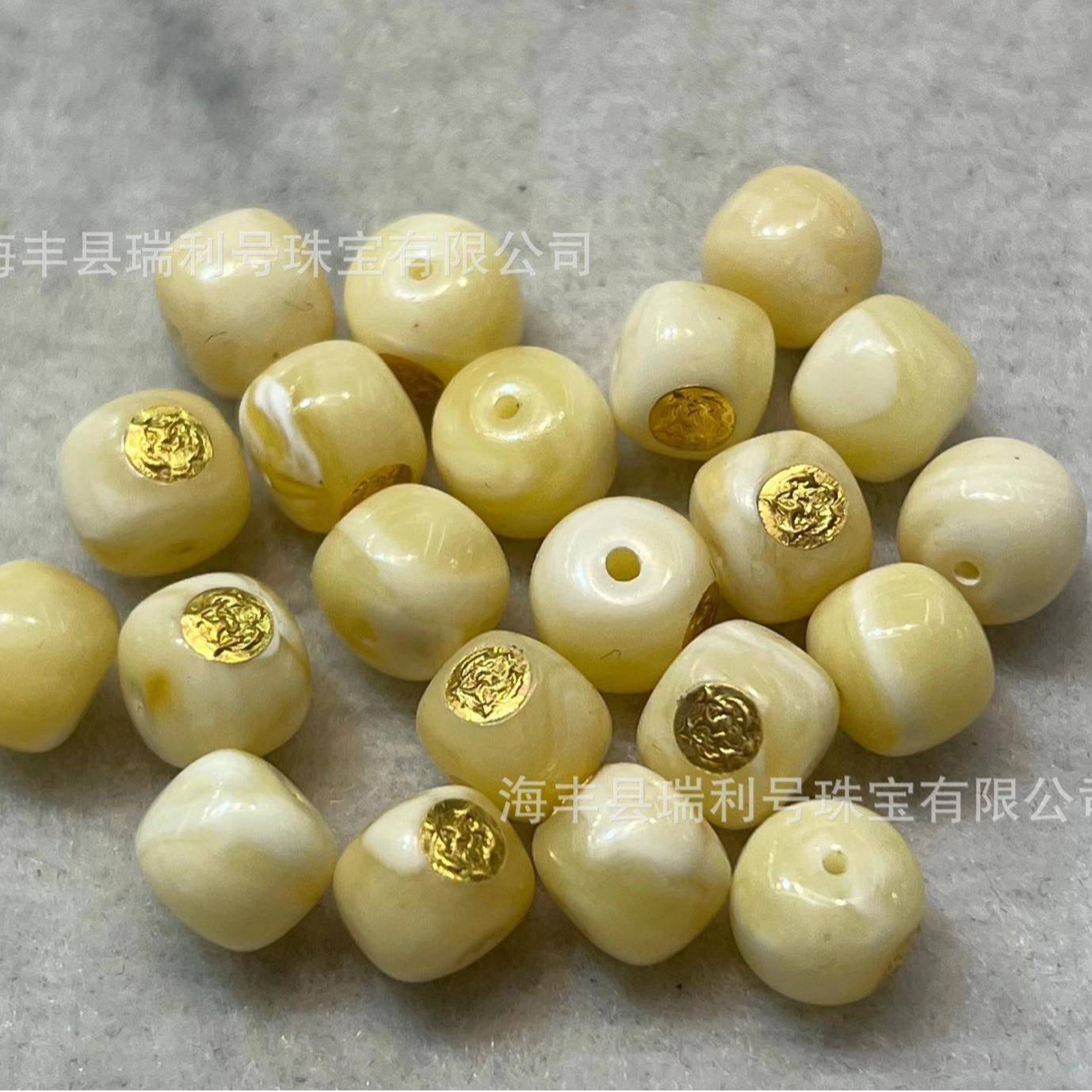 天然原矿蜜蜡老型珠散珠24k金贴片镶嵌蜜蜡白花蜡老型珠