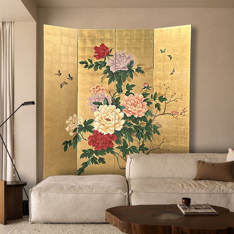 客厅折叠移动现代简约玄关金箔牡丹新中式办公室屏风隔断漆画折屏