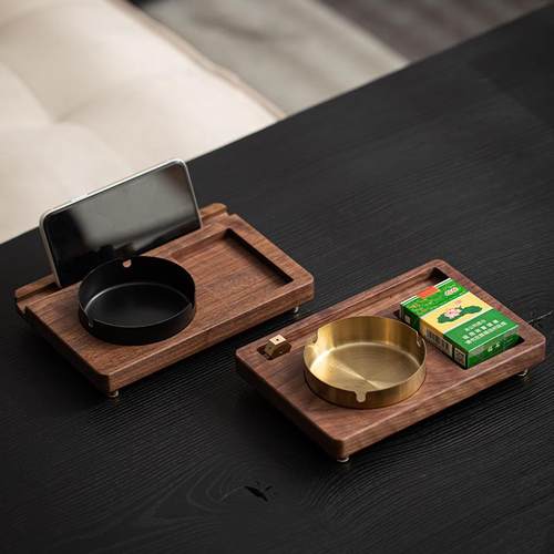 中式黑胡桃实木烟灰缸家带盖用办公室复古茶具配件装饰摆件