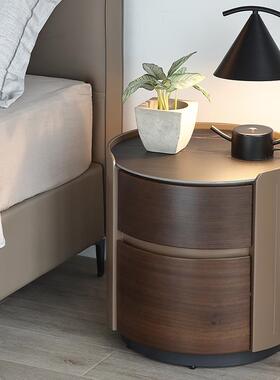 TS028#北欧风卧室高颜值轻奢圆形床头柜简约现代岩板实木床边柜意