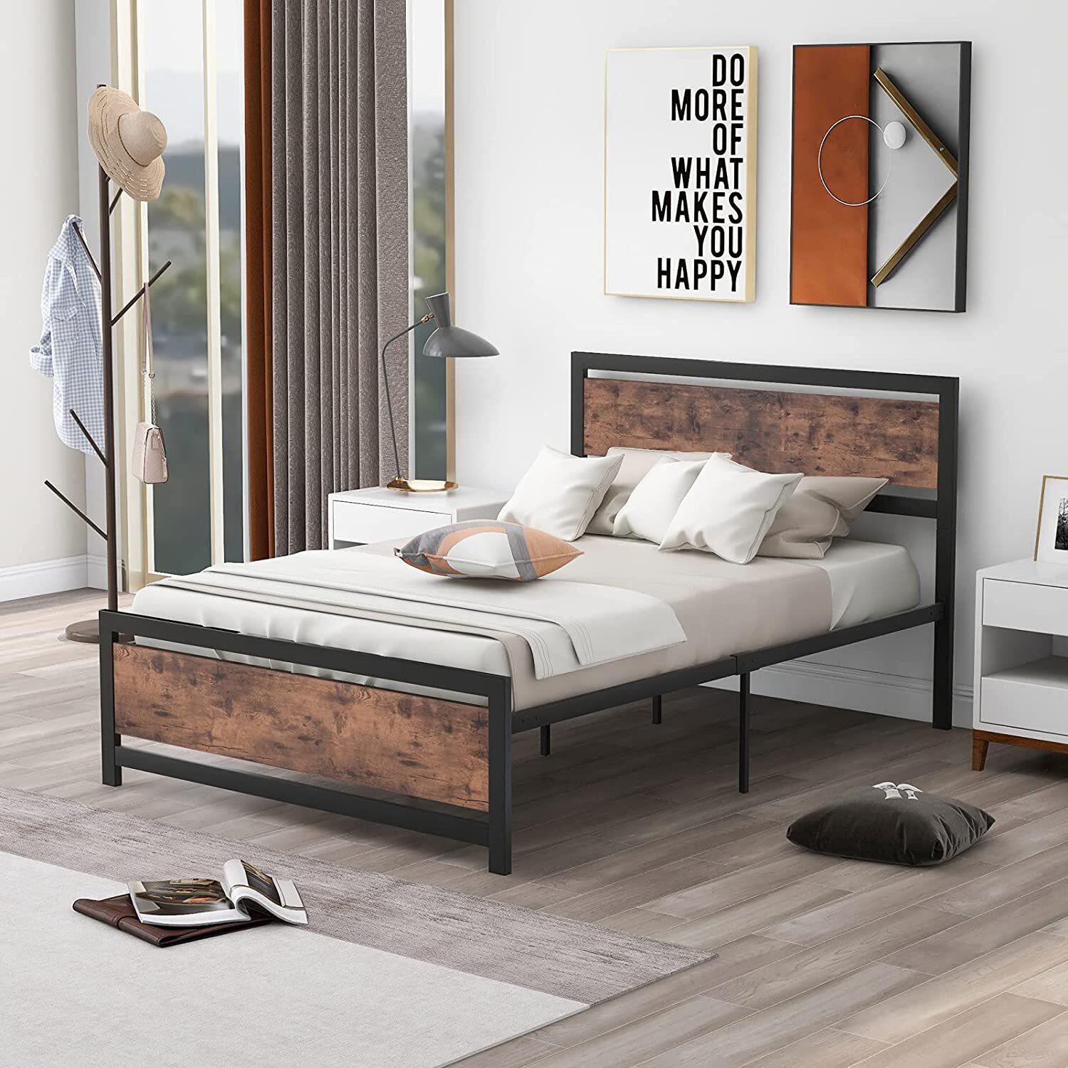 金属平台床架带床头板和脚踏板全尺寸床床垫基础底座易组装