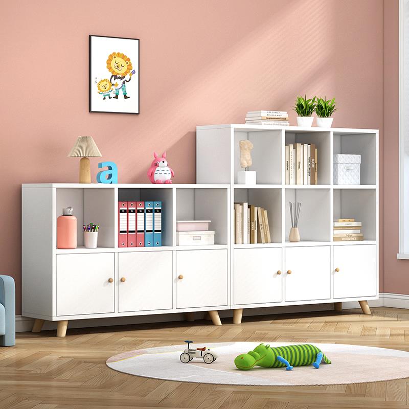 实木落地书柜收纳格子一体柜自由组合带门儿童简约白色矮书架置物