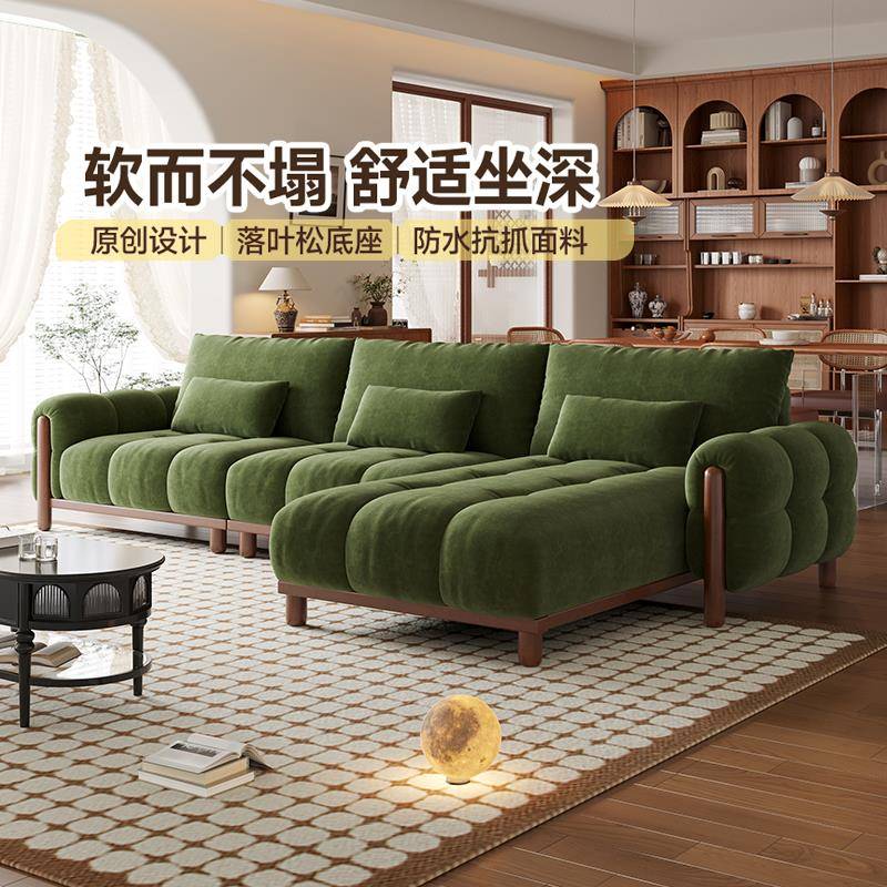 小巷旅作 复古风实木布艺沙发中古风钢琴键复古绿L型贵妃沙发直排