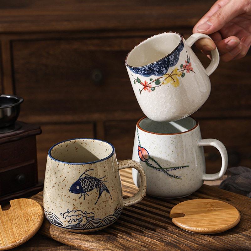 复古带盖子马克杯陶瓷水杯家用早餐杯办公室咖啡杯套装茶小众高颜