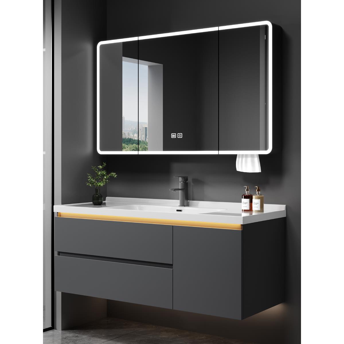 浴室柜组合陶瓷一体盆智能简约实木洗漱台卫生间洗脸洗手盆柜组合