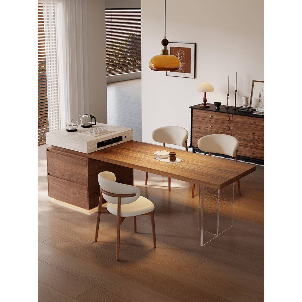 岩板岛台餐桌一体伸缩带茶盘泡茶中古风开放式厨房餐厅亚克力中岛