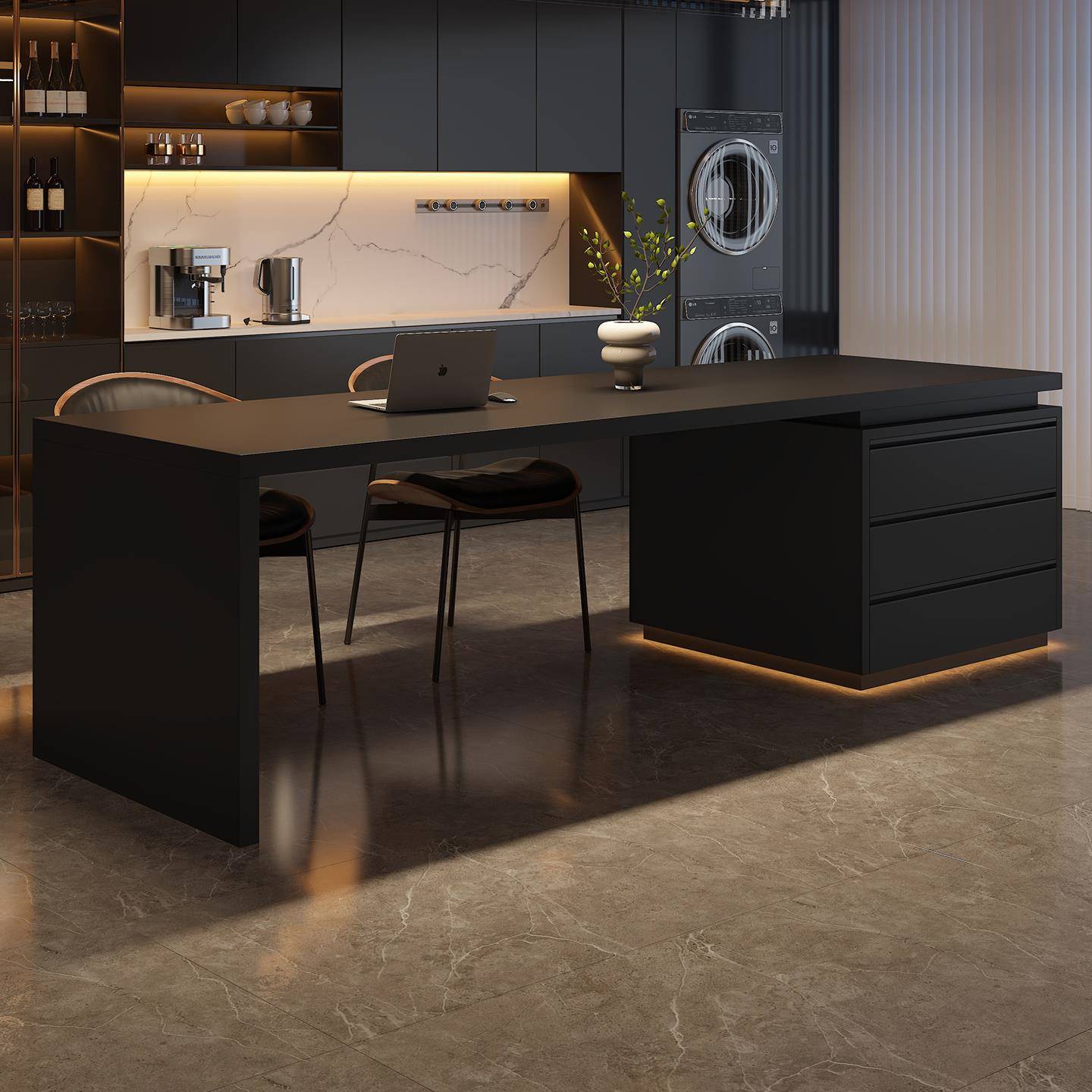 意式极简岛台餐桌一体家用开放式厨房餐厅倒台岩板腰线齐平中导台