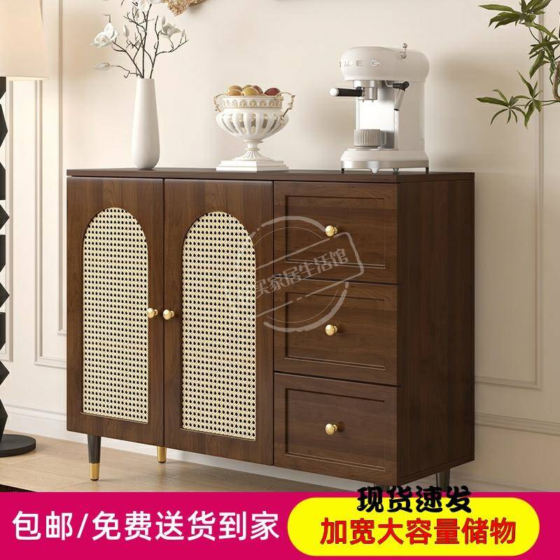 法式餐边柜藤编储物柜子简约家用餐厅收纳茶水柜厨房钢化玻璃碗柜