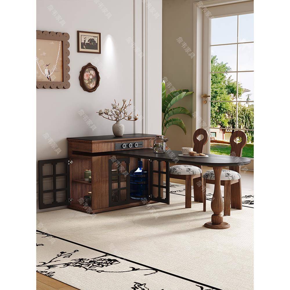 法式覆古小户型实木可旋转多功能岛台包豪斯可伸缩餐桌餐边柜一体