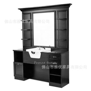 外贸欧美理发店镜子发廊专用复古实木美发镜台柜一体带洗头盆