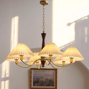 法式复古百褶灯罩木艺全铜吊灯现代客厅卧室书房餐厅灯具