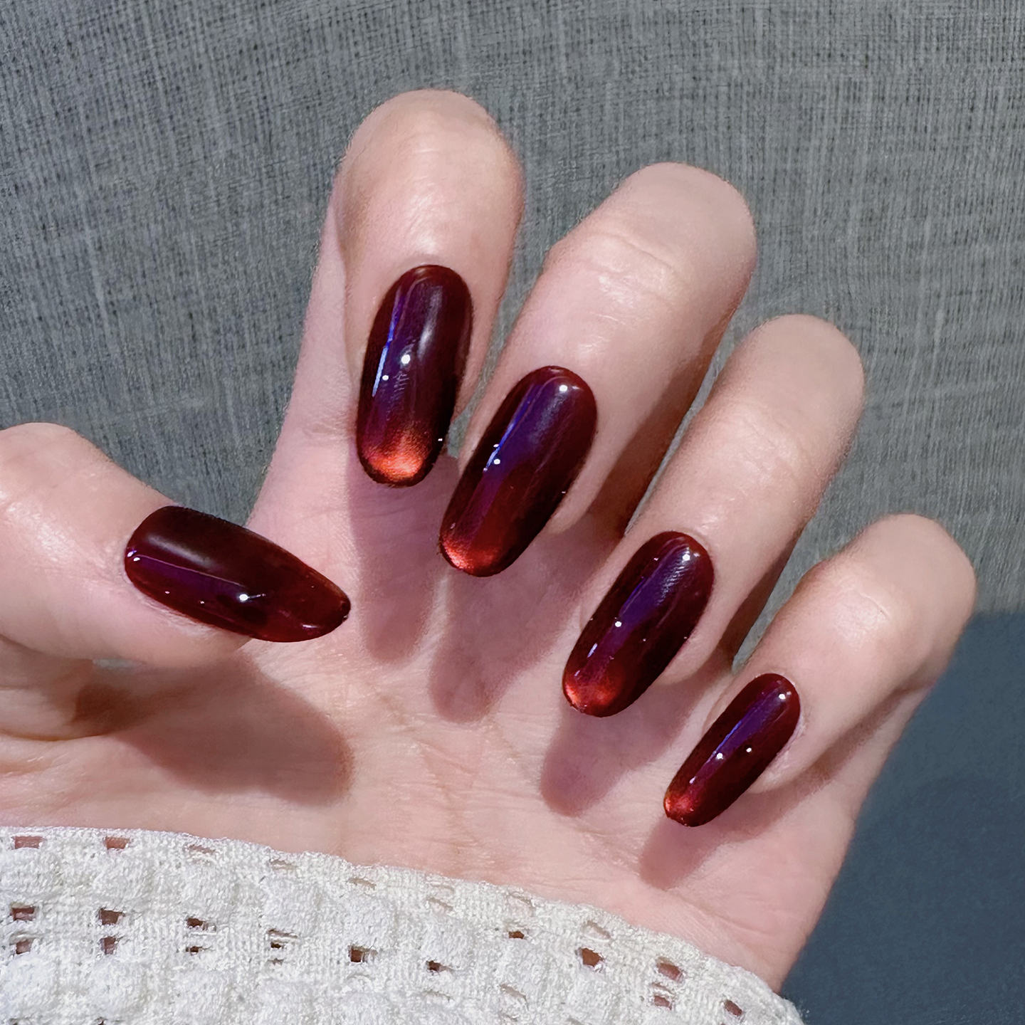 手工甲猫眼酒红渐变穿戴甲