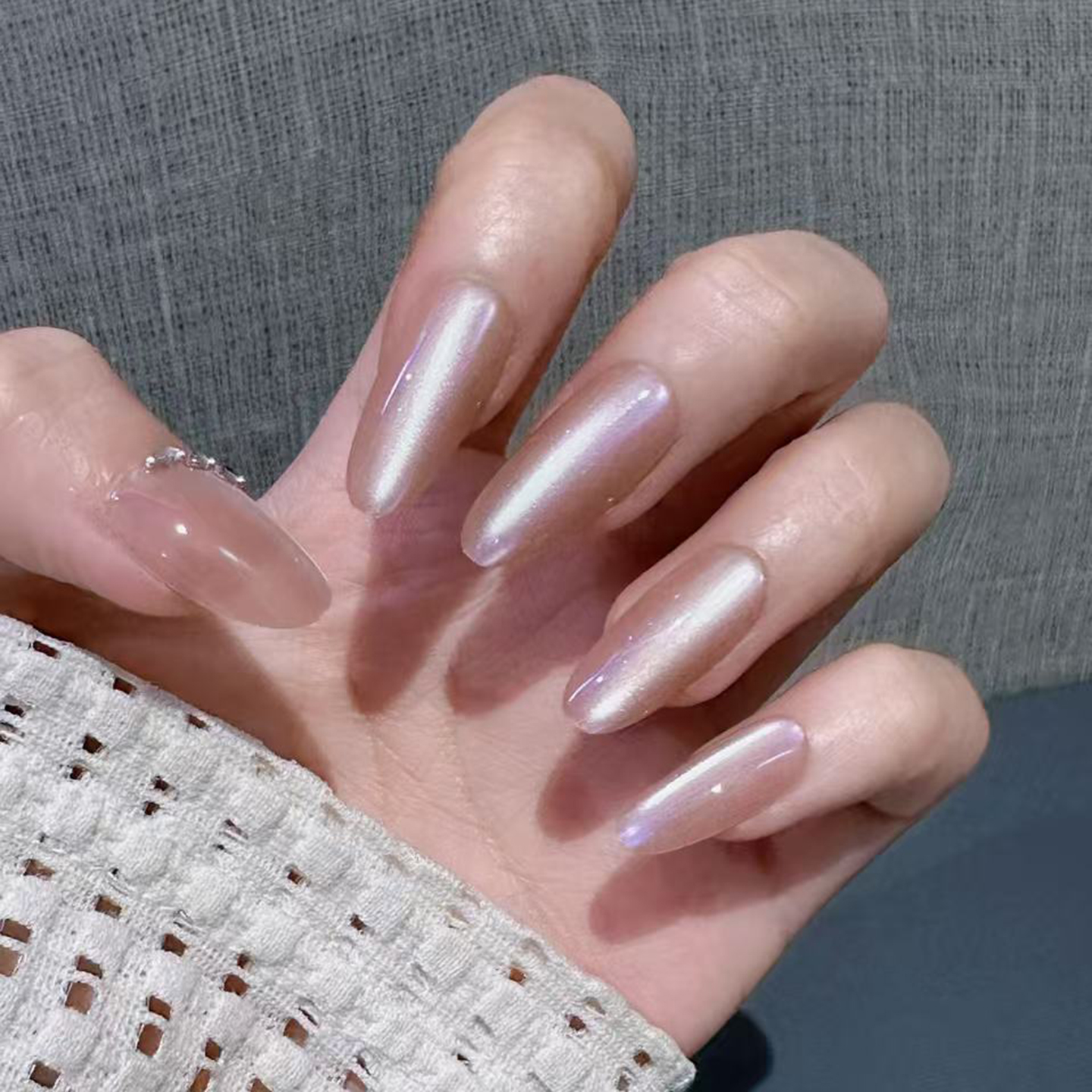 轻熟风裸色猫眼穿戴甲长款