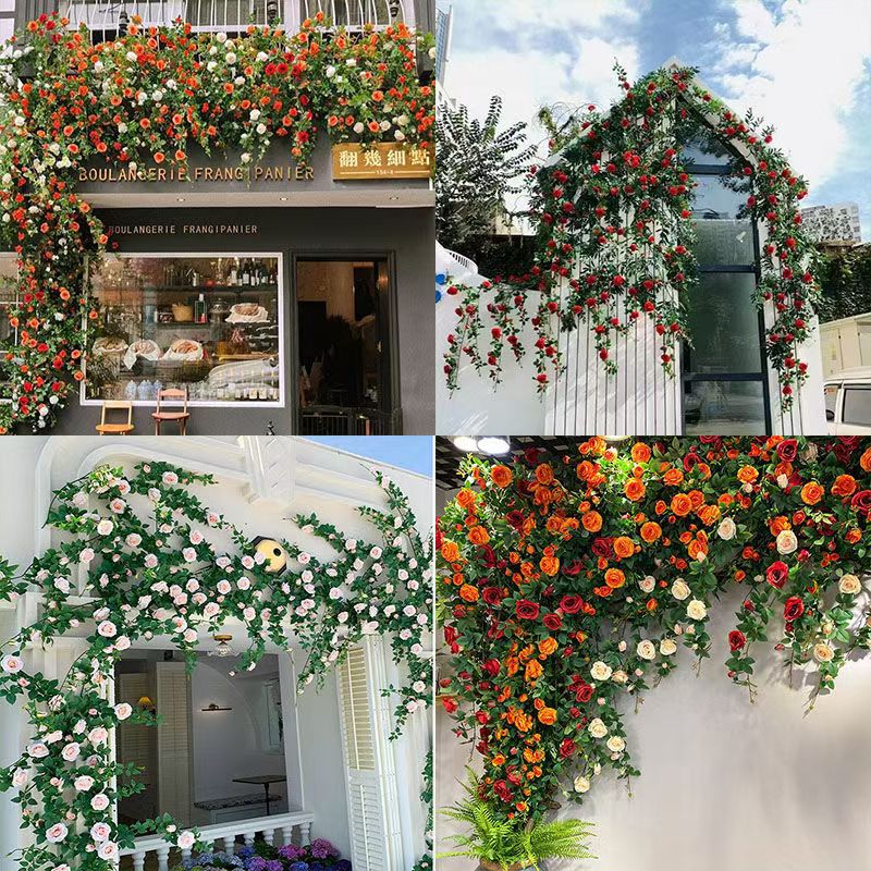 高档仿真玫瑰花藤条门头装饰花墙网红拍照打卡玫瑰墙管道装饰藤蔓