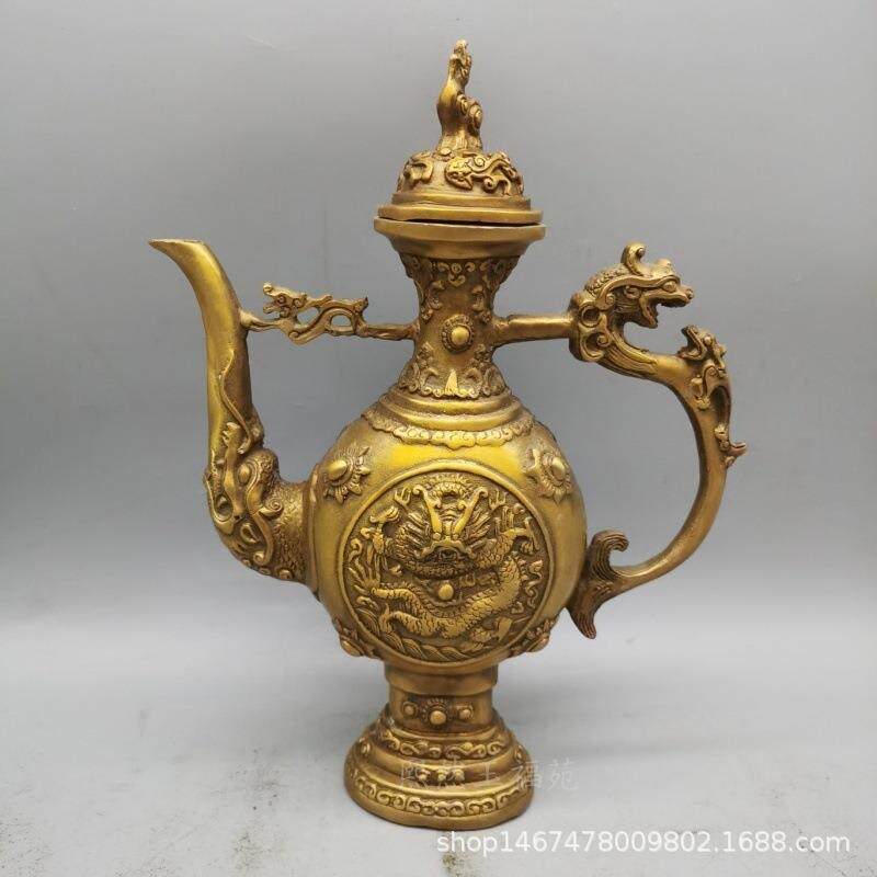 纯铜仿古双龙铜壶刻龙酒壶铜器工艺品摆件家居古玩收藏