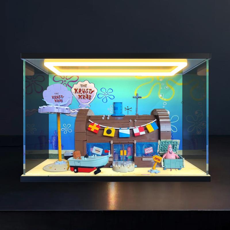 高清防尘罩适用AREAX砖区海绵宝宝蟹堡王餐厅积木回型灯展示盒