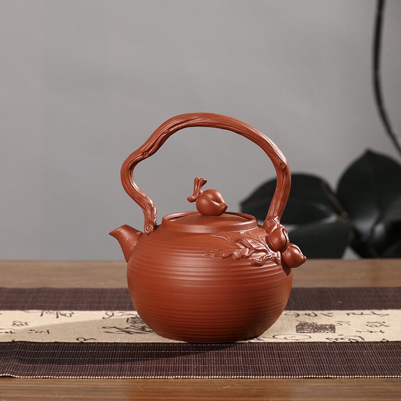 潮州砂铫烧水跳盖茶壶灵桃献瑞提梁砂铫陶壶煮水