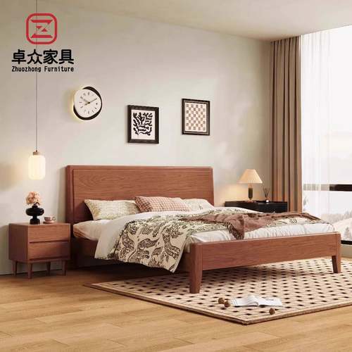 现代简约复古实木床现代简约中古风1米8双人床主卧大床小户型床