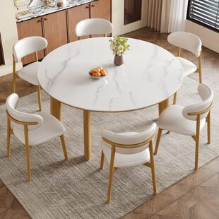 恒社原木奶油风岩板餐桌椅2024新款小户型家用可伸缩折叠圆形饭桌