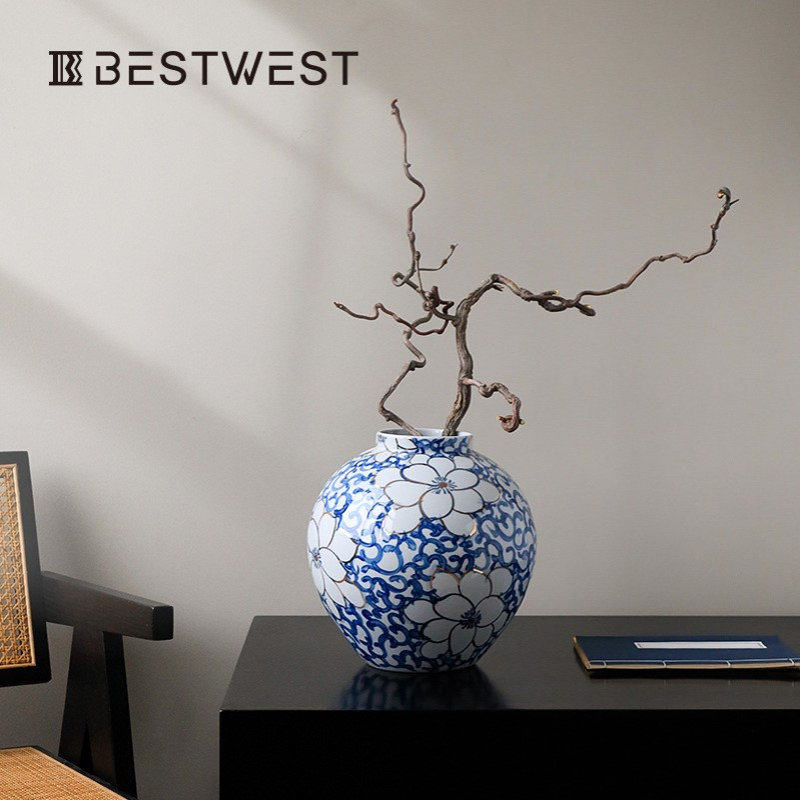 宋代美学陶瓷花瓶青花瓷摆件轻奢高级感客厅插花中式圆球花器水培