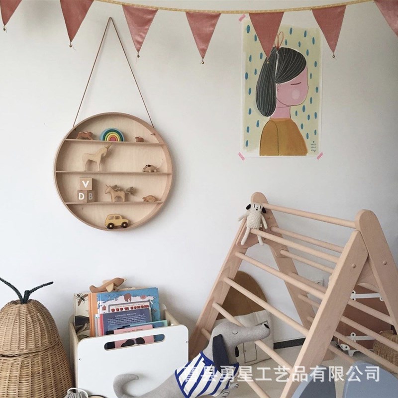 现货圆形木质置物架创意悬挂隔板壁挂装饰架儿童房壁挂背景墙架