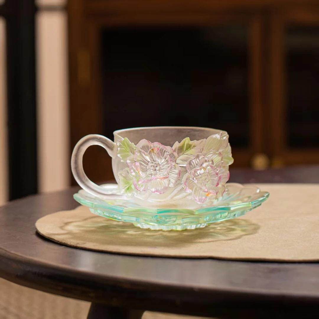 东魅十二花神十月芙蓉咖啡杯古法琉璃渐变咖啡杯杯垫组合装主人杯