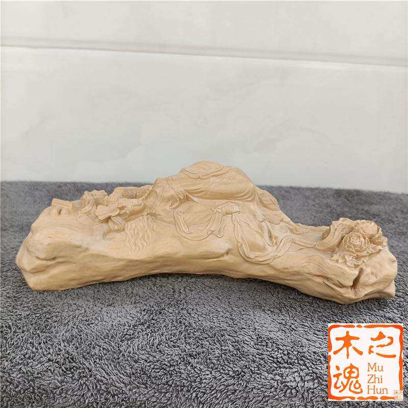 小叶黄杨木雕刻实木浮雕美女镇尺文房四宝用品办公室书桌家居摆件