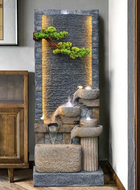 中式高山流水幕墙喷泉屏风客厅办公室假山循环水生财装饰落地摆件